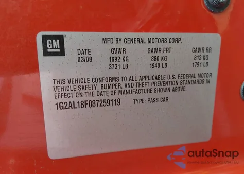 2008 Pontiac G5 z USA, uszkodzony, nr VIN 1G2AL18F087259119